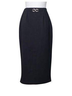 3/$15 🔴 Sale Ann Travis High-Waist Black Pencil Skirt wSilvertone Buckle Detail